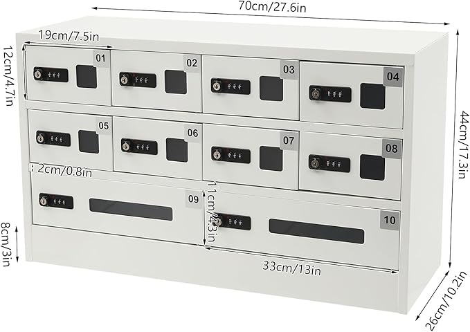 10 Slot Cellphone Charging Station Cell Phone Locker with Combination Lock, Cellphone Storage Cabinet with 3 in 1 QC3.0 Fast Charging Ports for Most Phones Tablets, for Office Classroom