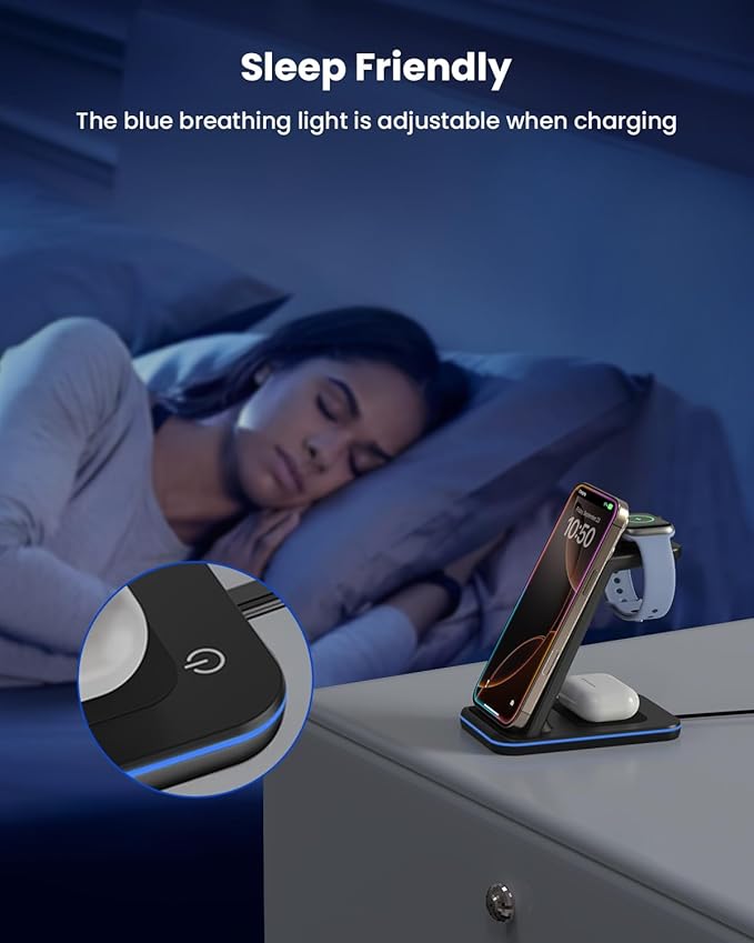 Wireless Charger Stand, CIYOYO 3 in 1 Fast Wireless Charging Station Dock for Apple Watch 11/9/8/7/6/SE/5/4/3/2, Airpods 3/2/Pro, iPhone 17/16/15/14/14 Plus/14 Pro Max/13/13 Pro/12/12 Pro/SE/X/XR/XS/8