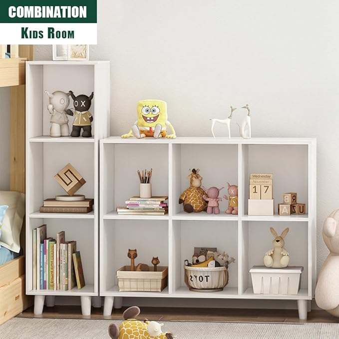 IOTXY Open Cube Low Bookcase - 3-Tier Freestanding Storage Display Cabinet Organizer with Legs for Home Office, 3-Cubes Open Shelf Short Bookshelf, White