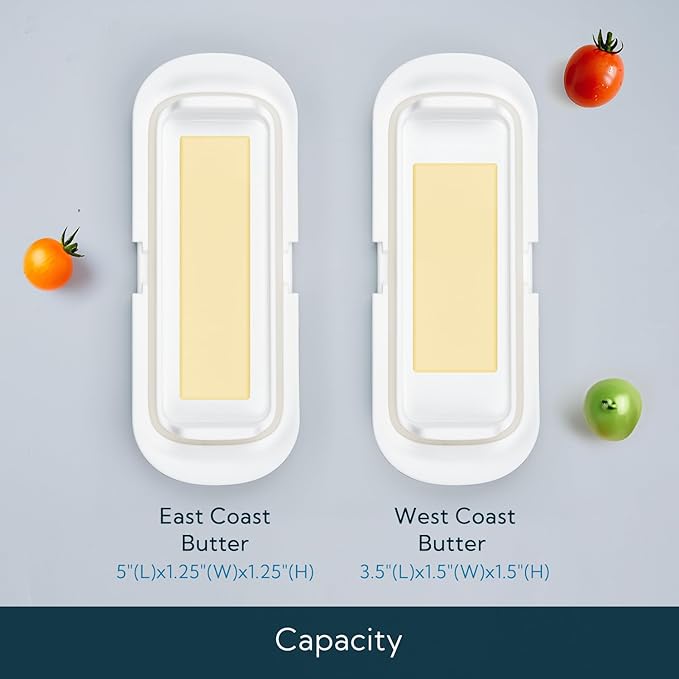 KITCHENDAO Airtight Butter Dish with Lid for Countertop and Refrigerator Door Shelf, Butter Holder with One Press to Open/Close Secure Latching Buckle, Butter Keeper for West/East Coast Butter (White)