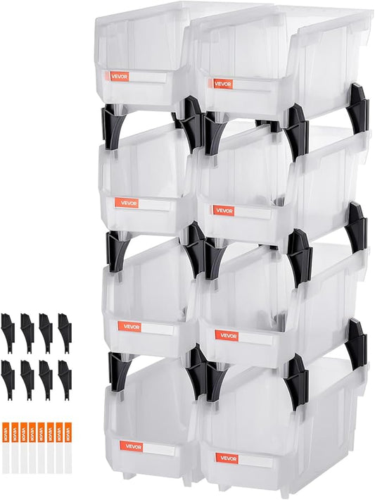 VEVOR Plastic Stackable Storage Bins, 10.9 x 5.5 x 5.1 inch (8 Pack), Plastic Containers for Organizing & Storage Bins for Closet, Garage, Small Parts, Office Supplies, Other Accessories, Transparent