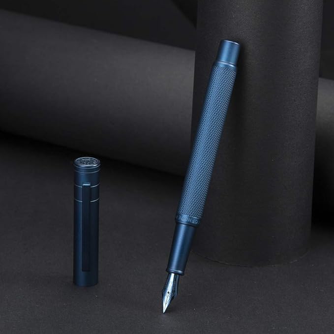 Dark Blue Forest Fountain Pen Fine Nib Classic Design with Converter and Metal Pen Case Set by Asvine