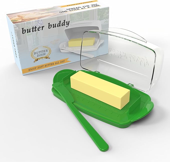 Butter Dishes with Lid for Countertop Refrigerator, Clear Butter Dish Plastic Flip Top Lid Butter Container with Spreader, Non-Slip Bottom Butter Holder Keeper (Transparent Cover Green)
