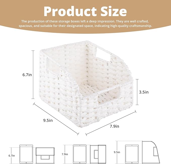 OIAHOMY Pantry Baskets for Organizing, Paper Rope Baskets with Built-in Handles, Wicker Storage Bints for Shelves, 2 Pack-White