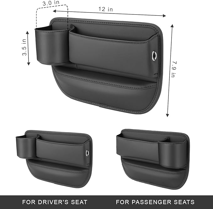 2-Pack Car Leather Cup Holder Gap Bag, Adjustable Car Seat Gap Storage Box Leather with Cup Holder for Phones Glasses Keys Cards (Beige. Driver- Passenger)