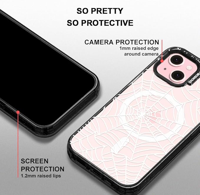 MOSNOVO Magnetic Case for iPhone 15, 10ft Military-Grade Protection, Compatible with Magsafe, Shockproof Phone Case for iPhone 15 - Spider Web - Clear Black