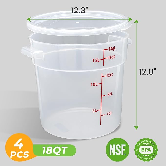 4 Pack Round Food Storage Containers with Lids, 18Qt Translucent Commercial Food Container, Polypropylene, BPA Free, Includes Labels & Measuring Cups