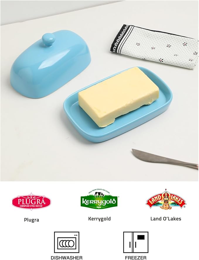 Sweejar Ceramic Butter Dish with Lid for Countertop,Porcelain Butter Keeper with Knob Handle,Butter Container for East/West Coast Butter, 7.1*3.7 inches (Steel blue)
