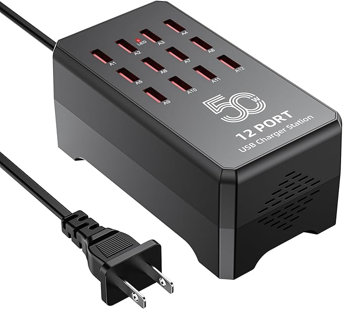 50W 12-Port USB Charging Station for Multiple Devices-Portable USB Charging Hub Compatible with iPhone, Android, Tablet, AirPods & More-Compact Charger Block for Home, Office & Travel.