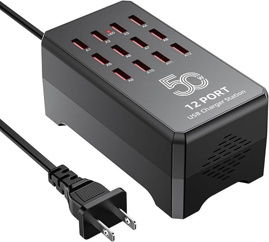 50W 12-Port USB Charging Station for Multiple Devices-Portable USB Charging Hub Compatible with iPhone, Android, Tablet, AirPods & More-Compact Charger Block for Home, Office & Travel.