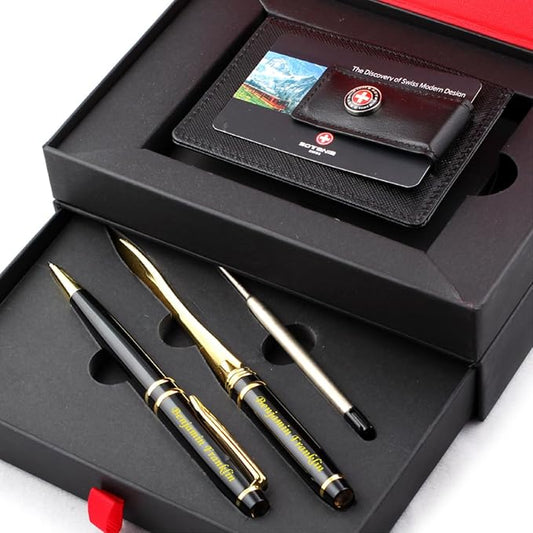 Free engraving - 24K Gold, Mens Leather Money Clips, Roller Ballpen, Ballpoint pen, Ball pen, Groomsmen Gift,Three Lines Each 20 Characters, Free Customization (Silver_Gift_Set)