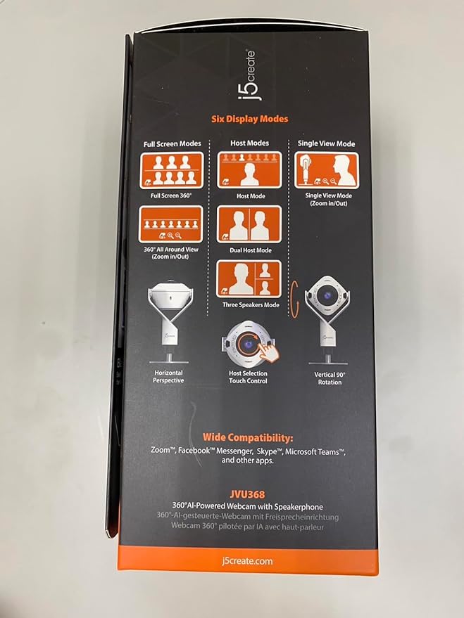 j5create 360 All Around AI-Powered Conference Room Camera with Speakerphone, Smart-Tracking, Auto-Framing, Include a Remote Control (JVU368)