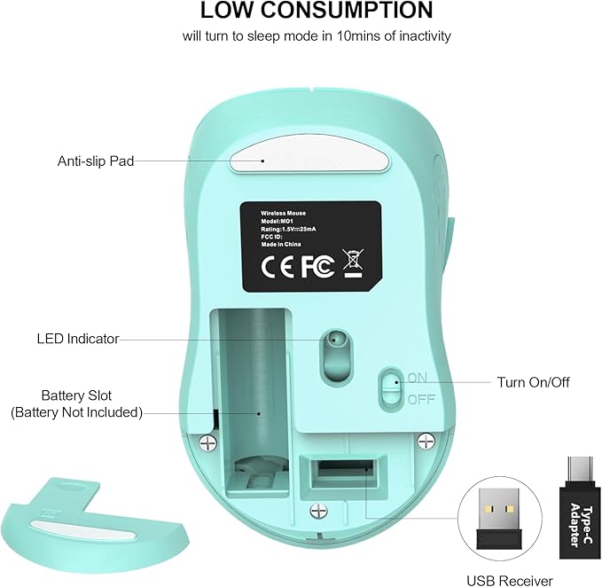 WisFox 2.4G Wireless Mouse for Laptop, Ergonomic Computer Mouse with USB Receiver and Type-C Adapter, 3 Adjustable Levels DPI, 6 Button Cordless Wireless Mice (Mint Green, 1 Pack)