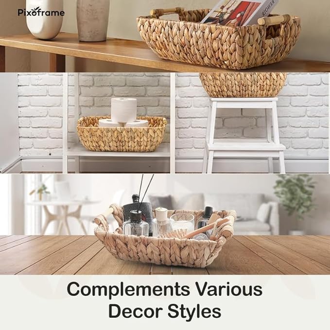 Large Rectangular Handwoven Wicker Basket - Water Hyacinth Storage Baskets with 2 Polished Wooden Handles for Store Hand Towels, Fruits & Veggies etc - 13.25"x12"x6.25" - Pack of 2 - Natural