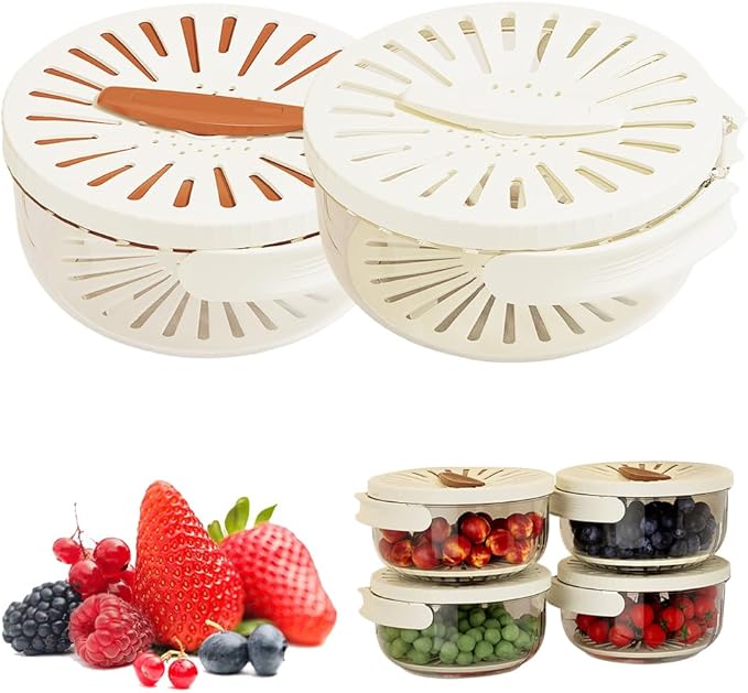 Multi-Functional Fruit and Vegetable Washing Bowl, Fruit Strainer Container with Lid, 2 In 1 Sealed Drainer Basket, Drainer and Freshness Basket, Kitchen Tool with Foldable Handle (Brown+White)