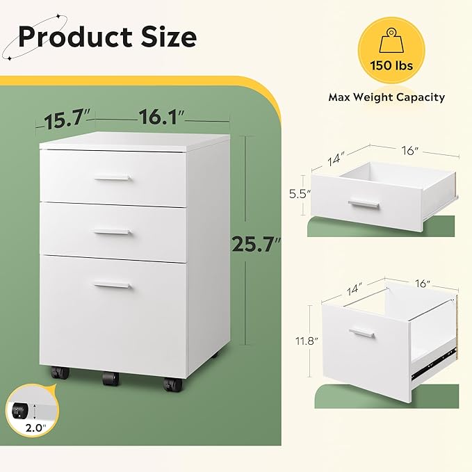 DEVAISE 3 Drawer Wood Mobile File Cabinet, Rolling Filing Cabinet for Letter/A4 Size, White