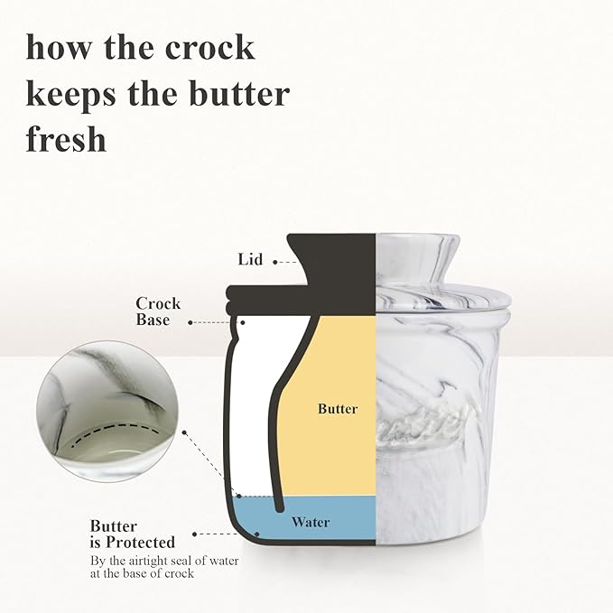 Ceramic Butter Crock with Lid & Spreader Knife, Butter Keeper - Ideal Butter Storage & Countertop Butter Dish, Marble White