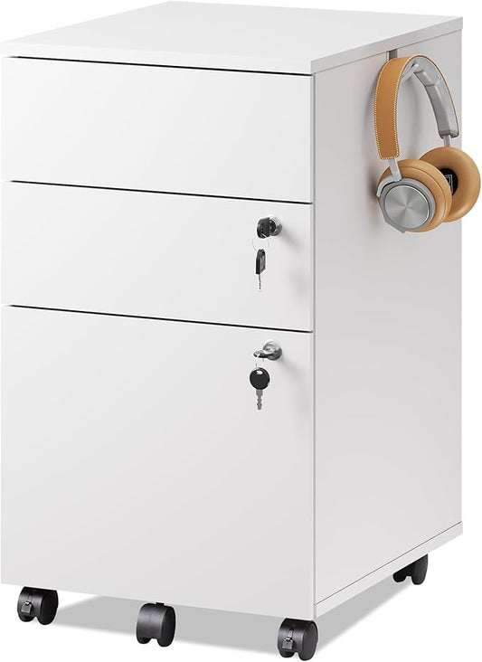 DEVAISE 3 Drawer Rolling File Cabinet with Lock, Wood Under Desk Filing Cabinet fits Letter/Legal/A4 Size for Home Office, White