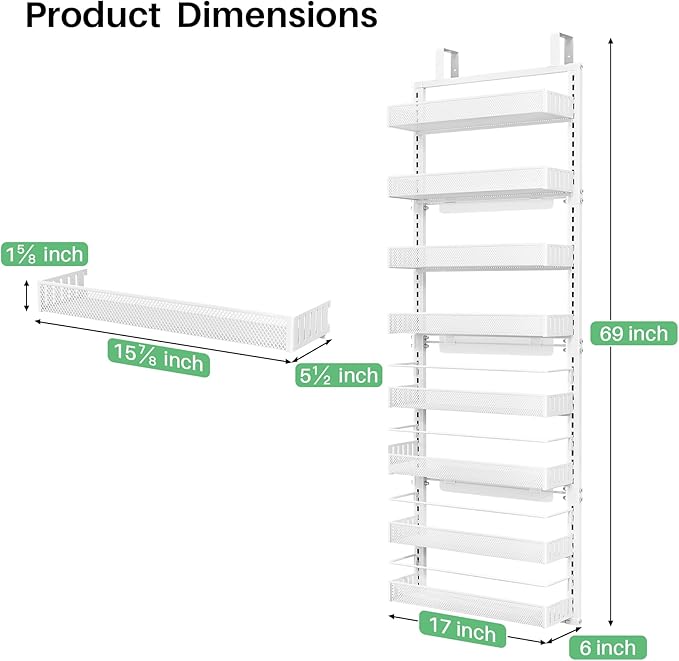 SNTD Over the Door Pantry Organizer - 8 Tier Adjustable Pantry Door Spice Organizer, Large Capacity Hanging Door Spice Rack for Kitchen Pantry Organizers and Storage (White, 17" W x 6" D x 69" H)