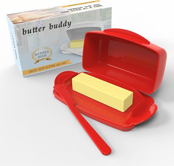 Butter Dishes with Lid for Countertop Refrigerator, Plastic Butter Dish Clear Flip Top Lid Butter Container with Spreader, Non-Slip Bottom Butter Holder Keeper (Red)