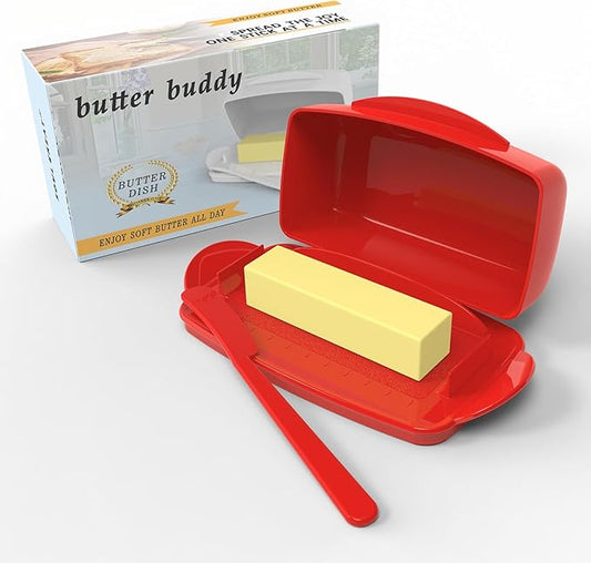Butter Dishes with Lid for Countertop Refrigerator, Plastic Butter Dish Clear Flip Top Lid Butter Container with Spreader, Non-Slip Bottom Butter Holder Keeper (Red)