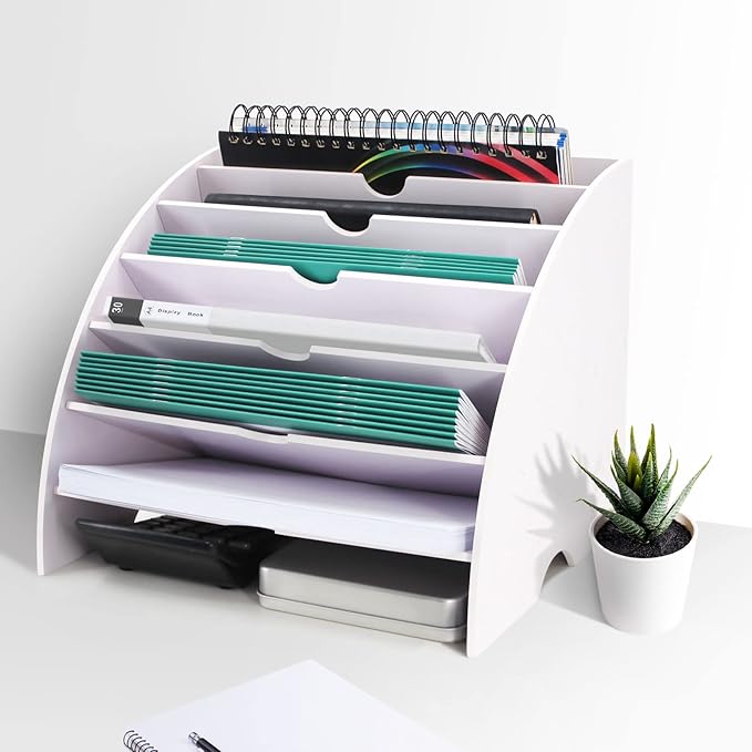 SONGWAY Fan Shaped Desk File Organizer - 6 Compartments File Holder for Desktop, Magazine Rack, Mail Holder, File Sorter, Paper Organizer for Home Office Classroom, White