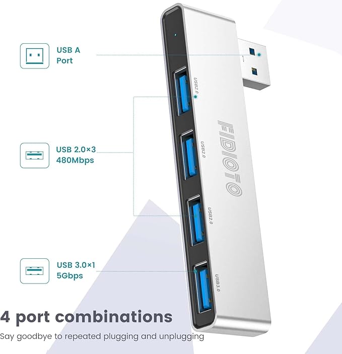 Small USB Hub, Fidioto 4 Port USB Adapter(1 * 3.0 Hub, 3 * 2.0 Hub), Multi USB Port Expander for Laptop, iMac Pro, MacBook Air, Mac Mini/Pro, Notebook PC, USB Flash Drives and Mobile HDD Etc.