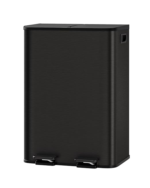 GarveeHome 2 x 8 Gallon Stainless Steel Double Trash Can with Lid for Kitchen, Large Dual Trash and Recycle Bin Combo, Step-on Kitchen Metal Garbage Cans, PP Inner Buckets, Liner Rim, Matte Black