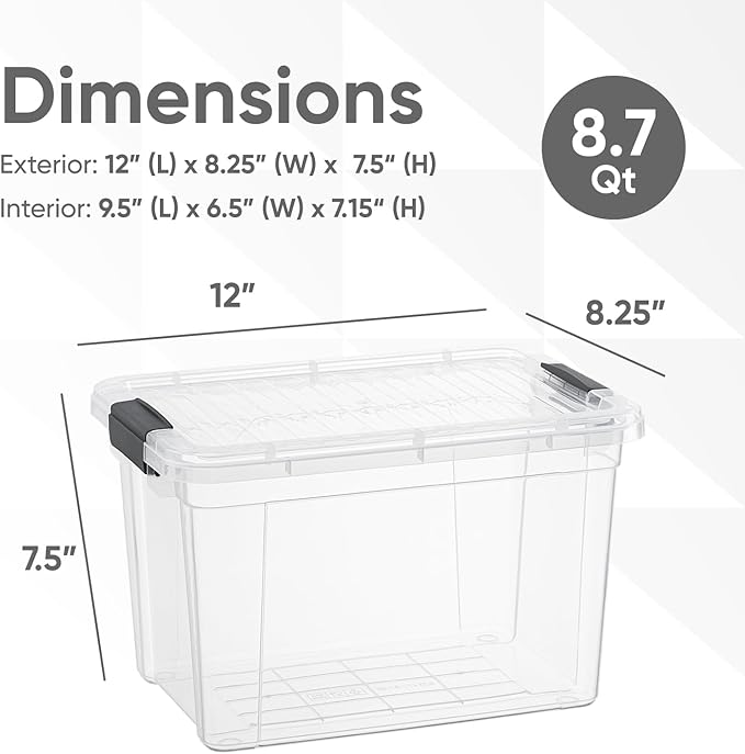 Superio Clear Storage Box with Lid, 8.75 Quart Plastic Container Bins for Organizing, Stackable Crates, BPA Free, Non Toxic, Odor Free, Organizers for Home, Office, School, and Dorm