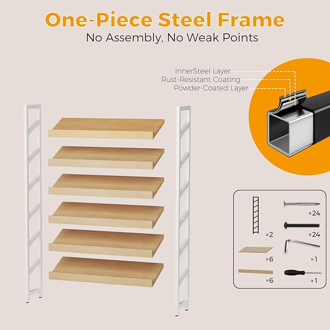 6-Tier Floor Standing Magazine Rack, Modern Literature Display Stand, Heavy Duty Steel Display Shelf with 38° Slant & 2.75" Lip, for Office/Airport/Bookstore/Library, 39"L x 12"W x 71"H (White)