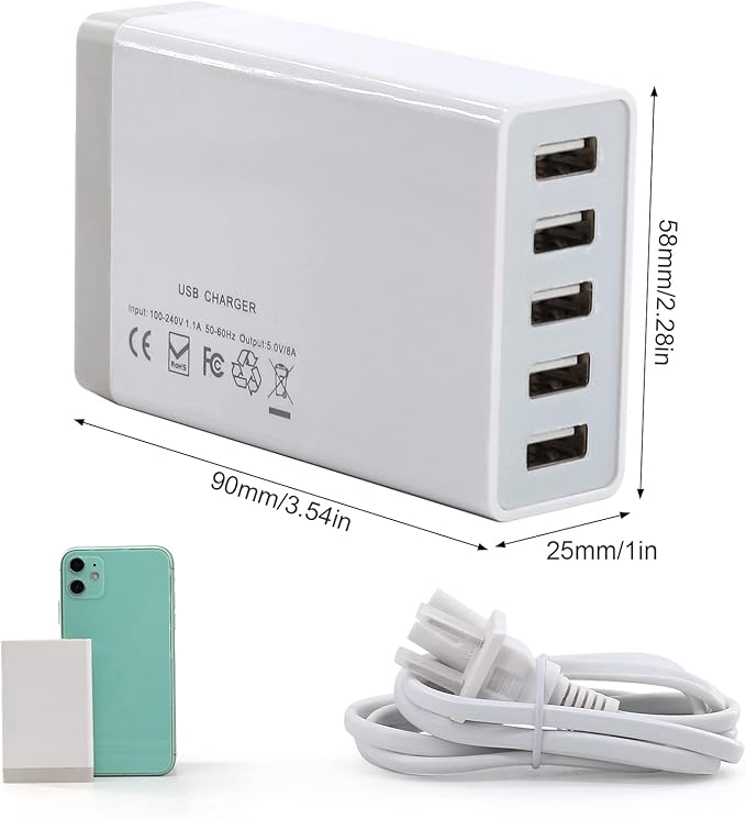 USB Wall Charger, Desktop USB Charging Station for Multiple Devices, 40W 8A, 5 Port,Travel Portable Charger for Cell Phone, Tablet
