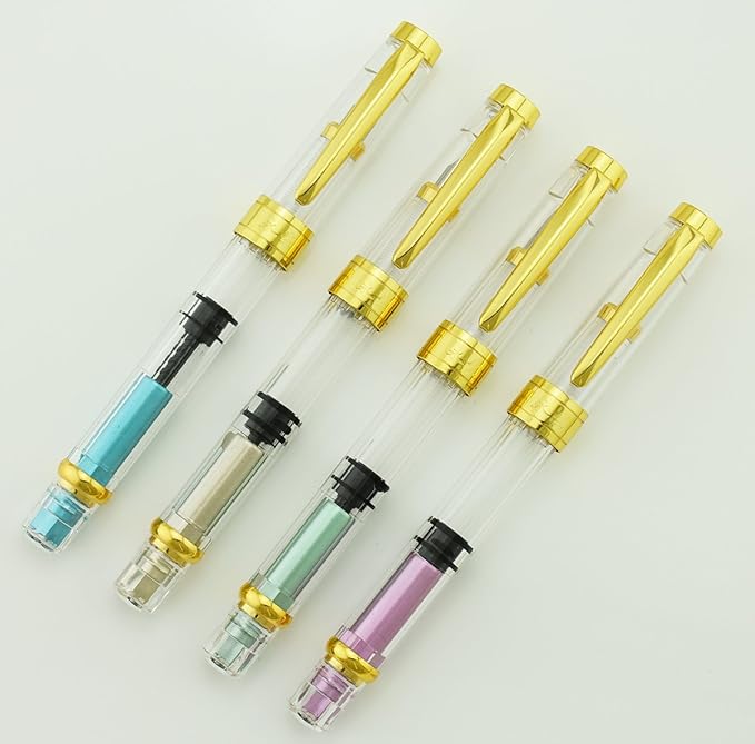 Lanxivi 4 PCS Yongsheng 3008 Piston Fountain Pen Fine Nib Transparent Diversity Color Gold Trim Set