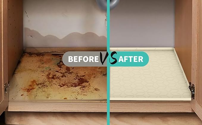 Under Sink Mat, 14"x22" Under Sink Mats for Kitchen, Silicone Waterproof Under Sink Liner, Sink Cabinet Organizer Tray with Drain Hole