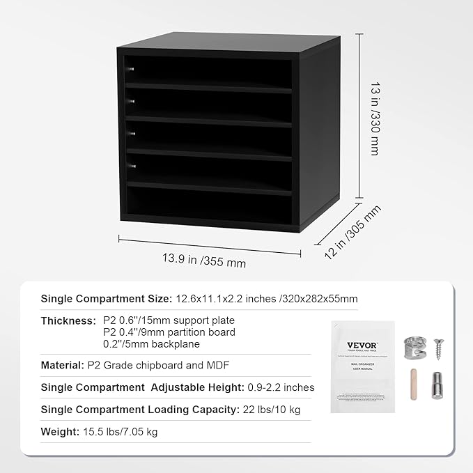 VEVOR Literature Organizers, 5 Compartments Office Mailbox with Adjustable Shelves, Wood Literature Sorter 13.9x12x13 inches for Office, Home, Classroom, Mailrooms Organization, EPA Certified, Black
