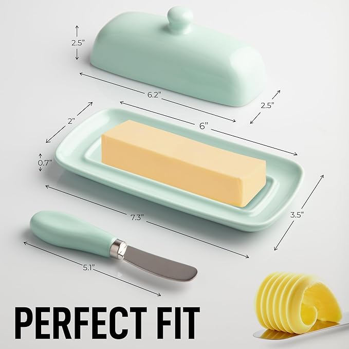 Zulay Butter Dish With Lid For Countertop - Porcelain White, Ceramic Butter Dish with Knob Handle Great for Cooking - Elegant Design Butter Holder - Durable & Sturdy Butter Keeper - Mint