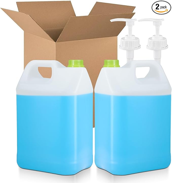 2 Pack 2.5 Gal Plastic F-Style Jug Reusable Food-Safe, Heavy-Duty HDPE Containers for Water, Sauces, Soaps, Detergents, Honey Liquids with Screw-On Cap and Pump Cap (Translucent)