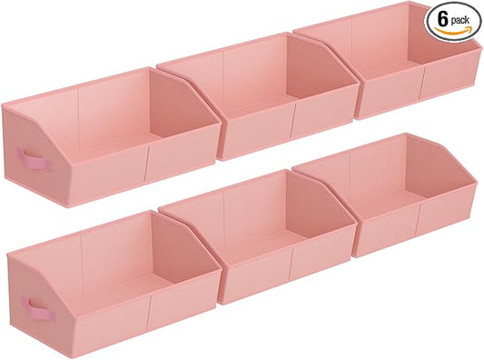 Storage Bins for Shelves - Large Trapezoid Closet Shelf Organizer, Fabric Organization Bins with Handles, Storage Baskets for Clothes, Towel, Purse, 6 Pack, Pink