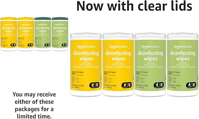 Amazon Basics Disinfecting Wipes, Lemon & Fresh Scent, Sanitizes/Cleans/Disinfects/Deodorizes, 340 Count (12 Packs of 85)