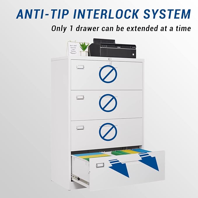 Lateral File Cabinet with Lock, 4 Drawer Large Metal Filing Cabinet,Home Office Lockable Storage Cabinet for Hanging Files Letter/Legal/F4/A4 Size-Assembly Required