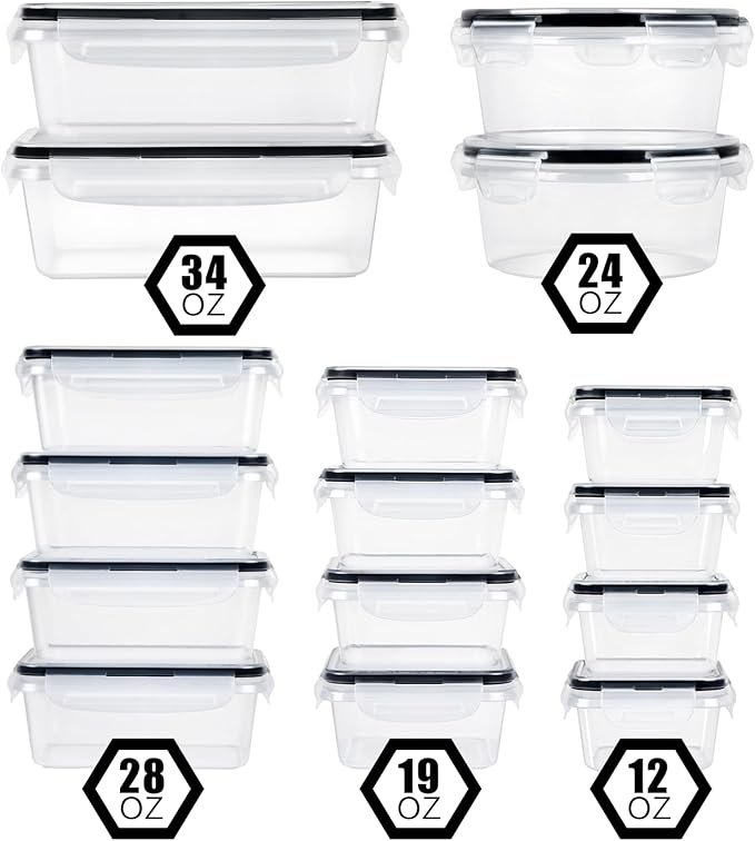 32 Piece Food Storage Container with Lids (16 Containers + 16 Lids) - Plastic Food Containers with Lid, Airtight Leak Proof Snap Lock, BPA Free Storage Containers