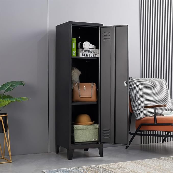 Metal Cabinet, 47" H Home Office Storage Lockers, Vertical Steel Storage Cabinet with Locking Door and 2 Adjustable Shelves, Small Metal Locker Cabinets (1 Door, Black)