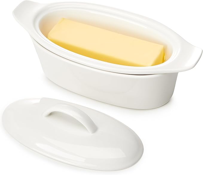 Butter Dish with Lid for Countertop - Porcelain White, 3pcs Large Butter Dish with Lid, Butter Keeper Container with Waterline Pefect for Daily Storage, Butter Holder with Handle - for Kitchen Decor