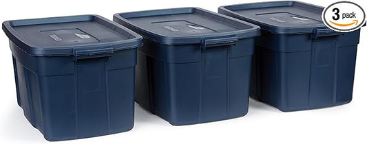 Rubbermaid Roughneck Tote 31 Gal, 3 Pack, Made in USA, Dark Indigo Metallic, Rugged Plastic Stackable Storage Bins with Lids and Handles