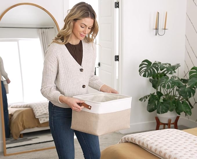 OrganiHaus Large Fabric Storage Baskets for Shelves 3 Pack, 15x11in Closet Storage Bins for Shelves, Canvas Baskets for Organizing, Linen Closet Organizers, Cloth Basket, Navy Blue/Off-White