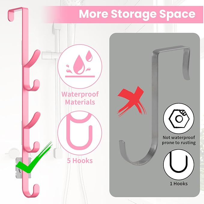 Over The Door Hooks, Metal Door Hooks for Hanging, Over The Door Purse Organizer for Coat Hanger, Back of Shower Door for Hanging Towel Rack Clothes, Hat, Bathroom, Closet (Pink-4Packs)