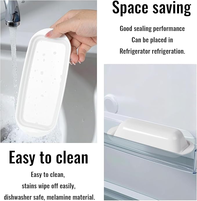 Butter Dish with Lid and Knife, Durable Countertop & Fridge Butter Keeper, BPA-Free Melamine Butter Container, Dishwasher Safe, Fits East/West Coast Butter Sticks (White)