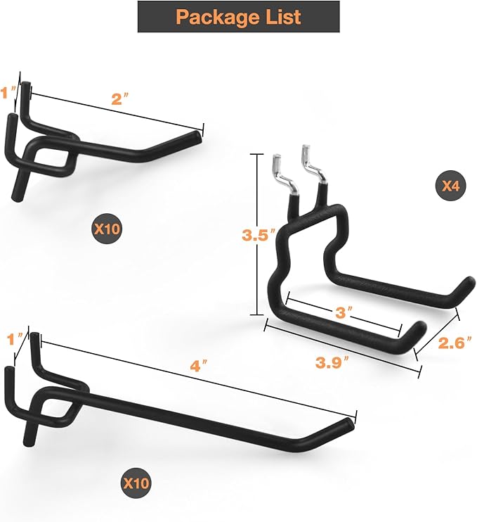 G.CORE 24-Pack Pegboard Hooks, 2" 4" Peg Board Tool Utility Hangers Fit 1/4" Pegboards, Heavy Duty Metal Shelving Brackets, Wall Organizers and Storage for Craft Room Garage Workbench Office (Black)