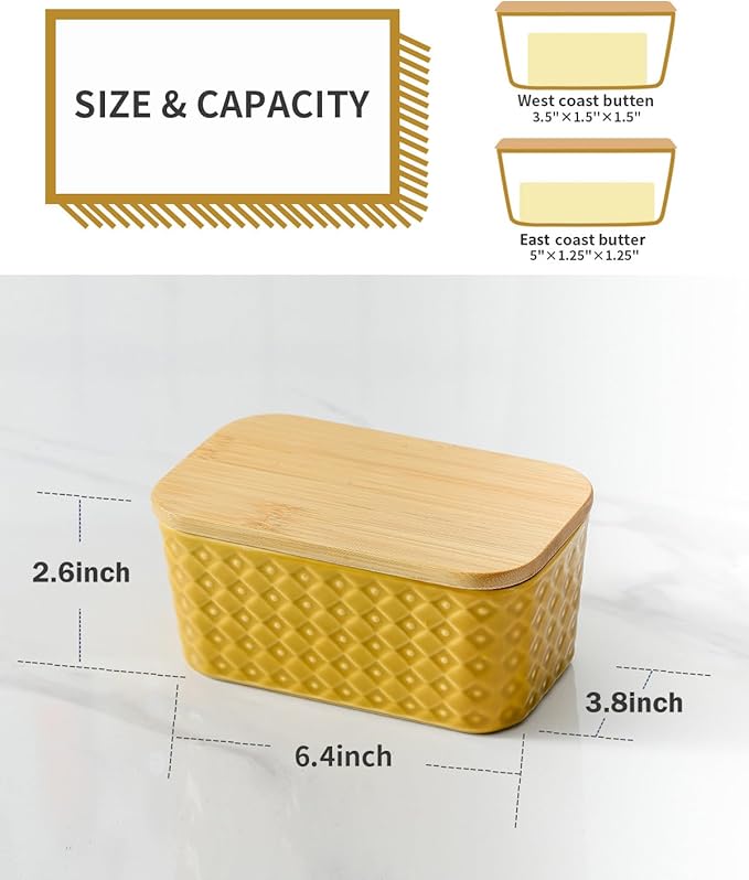 Hasense Ceramic Butter Dish with Sealing Lid, Large Yellow Butter Container for Countertop Airtight Butter Stick Covered Keeper Storage,Embossed Pattern,Easy Clean Dishwasher Safe