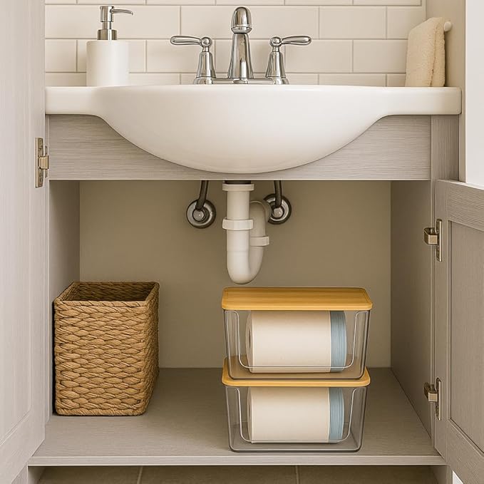 2 Set Pantry Organizers and Storage - Clear Stackable Bins with Bamboo Lid for Fruit, Onion, Potato, Vegetable - Trash Bag Holder Dispenser Under Sink Organizer for 4-13 Gal Bags