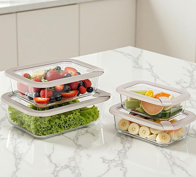 Glass Food Containers with Glass Lid, Microwave Safe Food Storage Container Set, 4 Pack, Airtight Storage Set with Leak Proof Lids, Meal Prep Containers